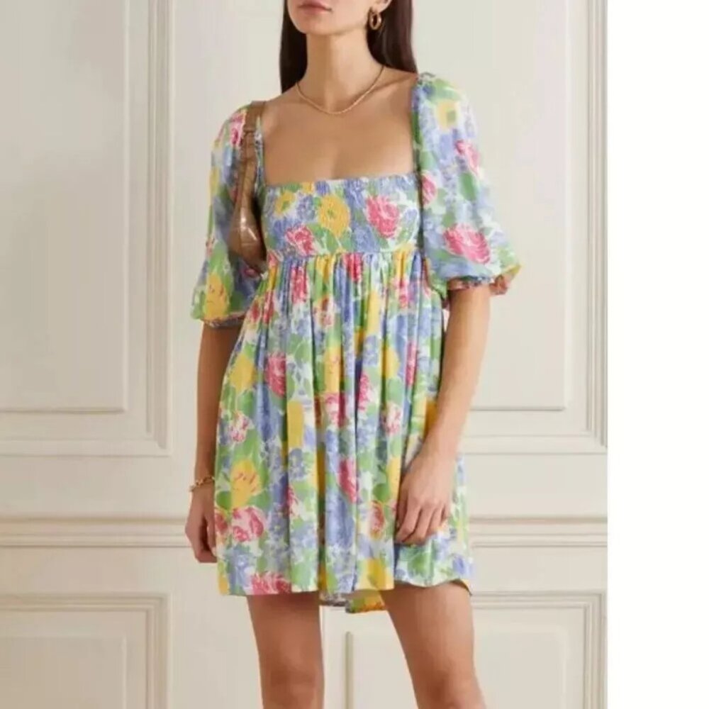 Faithfull the Brand Alina Mini Dress Sz XS Multicolor Floral Print SPRING Squar…